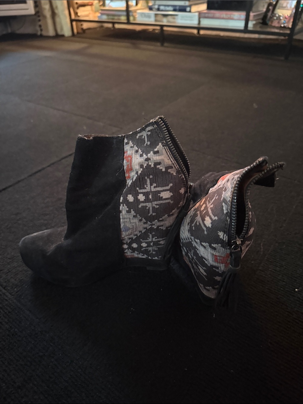Ella Moss Black Suede Ankle Booties with Patterned Heel Panel